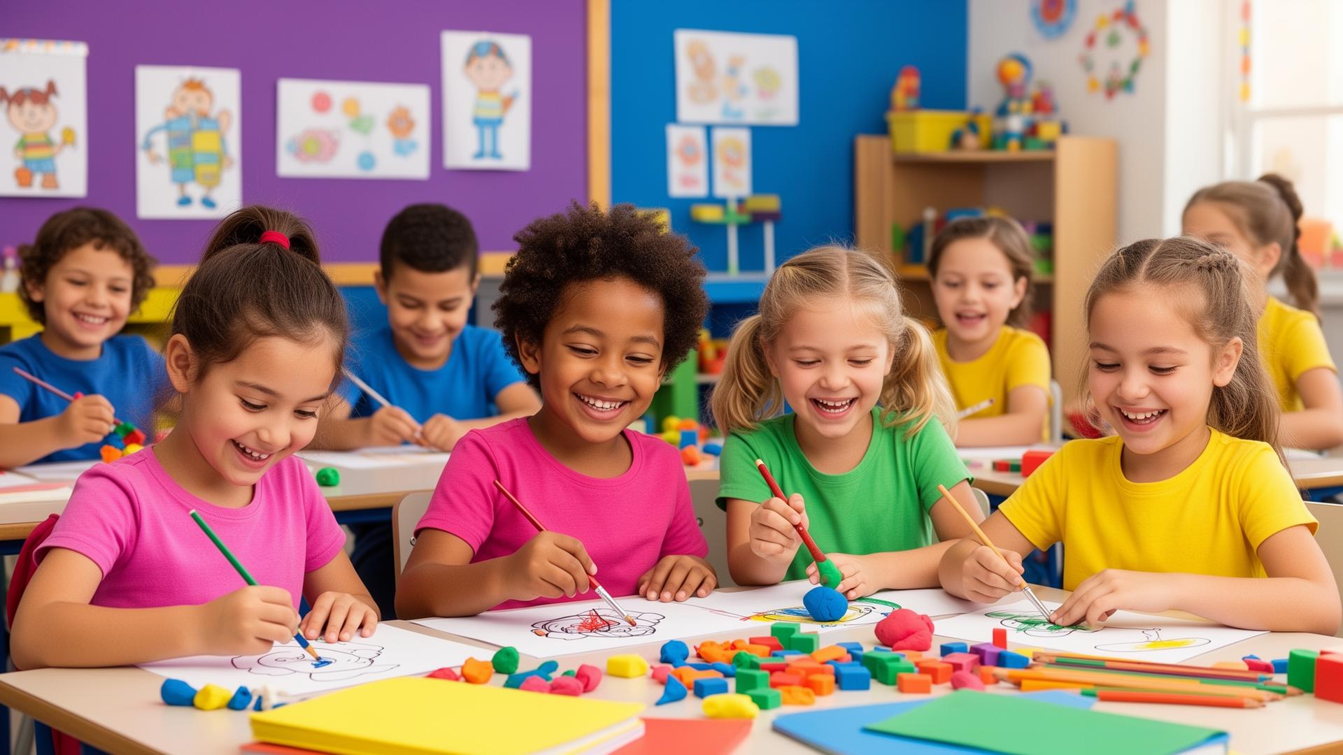 Crianças felizes em sala de aula fazendo atividades educativas