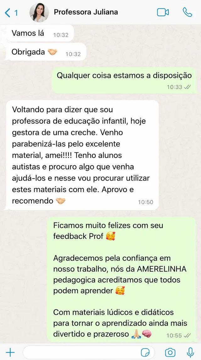 Print de conversa no WhatsApp com a professora Juliana recomendando o material